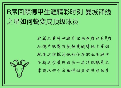 B席回顾德甲生涯精彩时刻 曼城锋线之星如何蜕变成顶级球员